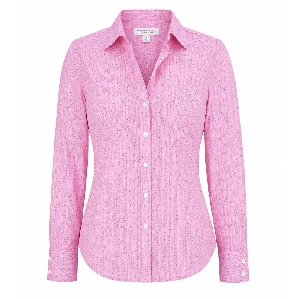 Banana Republic Pink Fitted Shirt Womens 0 Micro Dot Button Up Non-Iron Work